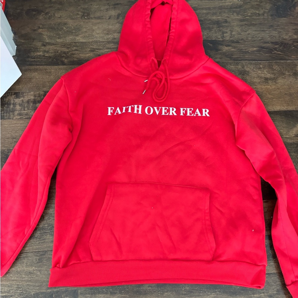 Red Hoodie with 'Faith Over Fear' Print